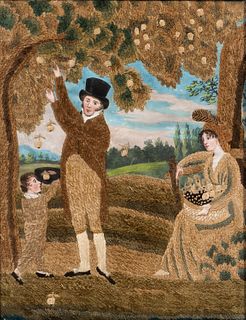 Chenille Needlework Picture of a Family Picking Fruit