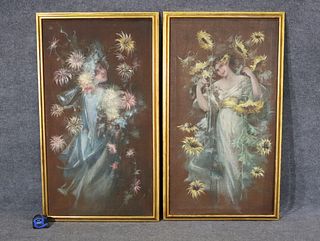 PAIR 19TH C PAINTINGS OF YOUNG MAIDENS