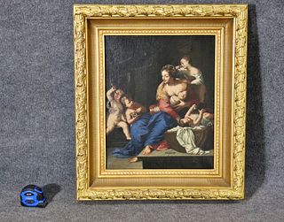 19TH C ALLEGORICAL PAINTING OF FAMILY & PUTTI