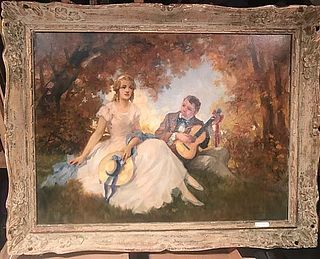 Lovers Serenade in the Woods, Hungarian, signed, large oil on canvas