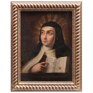 ATRIBUIDO A NICOLÁS RODRÍGUEZ JUÁREZ MÉXICO,(1666/67-1734)SANTA TERESA DE JESÚS Óleo sobre tela Con la inscripción:"Matri..."35x25.5 cm