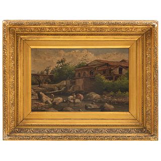 TOWNLEY BENSON (CANADÁ,1848–MÉXICO, 1907) PAISAJE CON LAVANDERAS Óleo sobre tela Firmado y fechado 1894. 24 x 37 cm