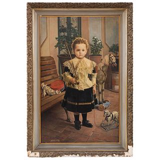JOAN BERNADET CAPELLADES, 1860- XALAPA,1932 RETRATO DE NIÑO Firmado: J. Bernadet, Querétaro Óleo sobre tela. 135 x 82 cm