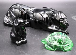 Three Baccarat Crystal Figures, to include a large black glass panther, a small rabbit, along with a green glass turtle; length 10 inches.
