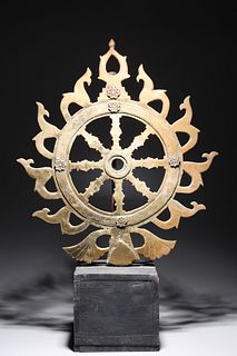 Antique Indian Gilt Metal Dharma Chakra Wheel Sculpture