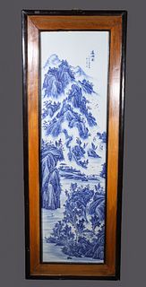 Large Chinese Framed Blue & White Porcelain Plaque