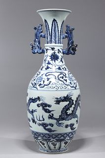 Chinese Blue & White Ming Style Porcelain Dragon Vase