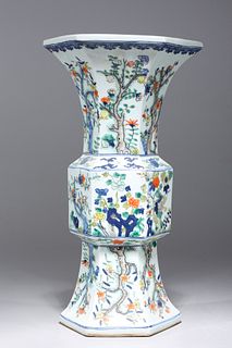 Chinese Famille Verte Enameled Porcelain Faceted Beaker Vase
