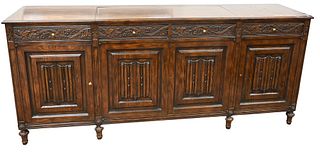 Oak Jacobean Style Sideboard, having center dry sink, (3" x 3" area with scratching to top), height 36 inches, width 84 inches.