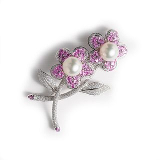 South Sea Pearl, Pink Sapphire and Diamond Brooch