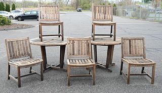 New River Brazilian Cherry Outdoor Patio Set, having two round tables along with six chairs, similar to teak, height 29 1/2 inches, diameter 48 inches
