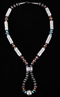 Large Navajo Sterling Pearl & Barrel Necklace
