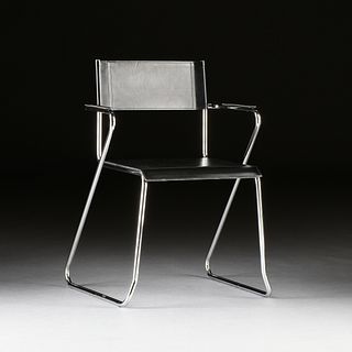 A MARCEL BREUER STYLE BLACK LEATHER AND CHROME ARMCHAIR, PROBABLY ITALIAN, LATE 20TH CENTURY,