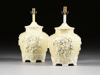 A PAIR OF CHINOISERIE STYLE PALE YELLOW GROUND GINGER JAR FORM COMPOSITE LAMPS, MODERN,