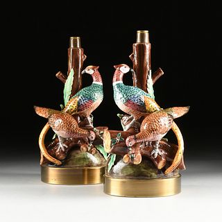 A PAIR OF MAJOLICA  PHEASANT CANDLESTICK LAMPS, PROBABLY ITALIAN, MID 20TH CENTURY,