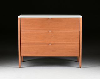 A MID CENTURY MODERN FLORENCE KNOLL FORMICA TOPPED TEAK CHEST OF DRAWERS, LABELED, 1972