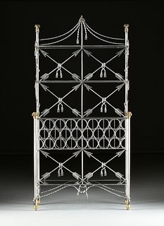 A NEOCLASSICAL STYLE BRASS MOUNTED WROUGHT IRON AND GLASS WINE RACK STAND, MODERN,