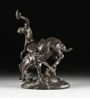 after CHARLES MARION RUSSELL (American 1864-1926) A BRONZE SCULPTURE, "Cowboy up on Bucking Bronco,"