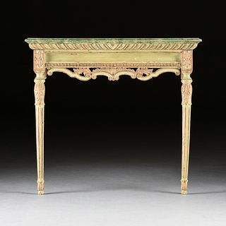 AN ITALIAN NEOCLASSICAL STYLE GOLD AND GREEN PAINTED WOOD CONSOLE, LATE 19TH/EARLY 20TH CENTURY,