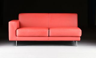 A DELLAROBBIA RED LEATHER UPHOLSTERED "MONTI" PART SECTIONAL SOFA, LABELED, U.S.A., MODERN,