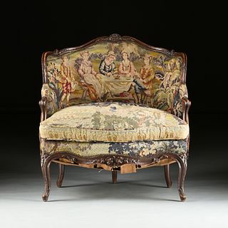 A LOUIS XV STYLE TAPESTRY UPHOLSTERED WALNUT MARQUISE, 19TH CENTURY,