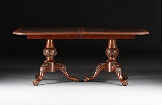 A CHIPPENDALE STYLE TWO PEDESTAL MAHOGANY DINING TABLE, MODERN,