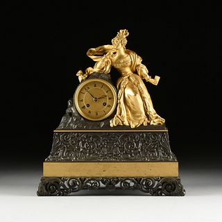 A LOUIS PHILIPPE GILT AND PATINATED BRONZE FIGURAL MANTLE CLOCK, 1840s,