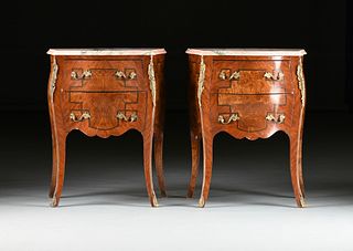A PAIR OF LOUIS XV STYLE MARBLE TOPPED AND PRECIOUS WOODS INLAID BOMBÉ SIDE COMMODES, 20TH