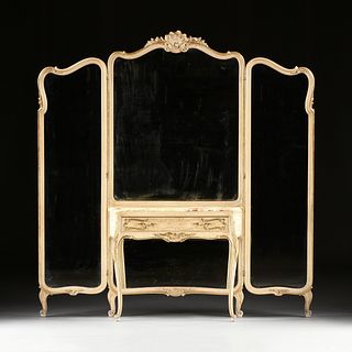 A FRENCH ROCOCO REVIVAL TRIPLE FLOOR MIRROR BACKED AND ONYX TOPPED VANITY CONSOLE, EARLY 20TH