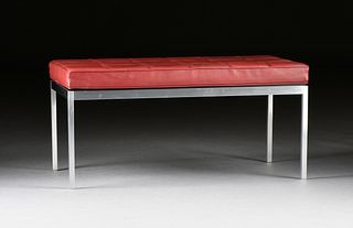 FLORENCE KNOLL (American 1917-2019) A BUTTON TUFTED LEATHER AND STAINLESS STEEL BENCH, FOR KNOLL