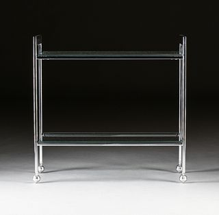 A MID CENTURY MODERN CHROME AND GLASS TWO TIER SERVING CART,