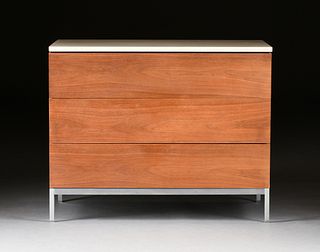 FLORENCE KNOLL (American 1917-2019) A MARBLE TOPPED TEAK CHEST OF DRAWERS, FOR KNOLL, LABELED, MID