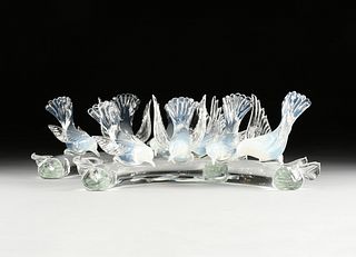 A PAIR OF MURANO OPALINE AND CLEAR GLASS BIRD SCULPTURES, BY ELIO RAFFAELI, SIGNED, FOURTH QUARTER