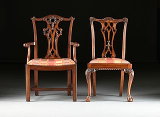EIGHT GEORGE III CHIPPENDALE STYLE CARVED MAHOGANY DINING CHAIRS, 19TH AND 20TH CENTURY,