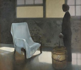 AMERICAN SCHOOL, A PAINTING, "Cloth Draped Chair and Man by Windows," 20TH CENTURY,