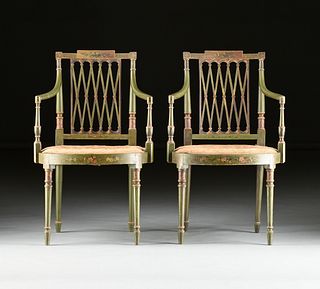 A PAIR OF REGENCY SHERATON STYLE GREEN PAINTED WOOD ARMCHAIRS, LATE 19TH/EARLY 20TH CENTURY,