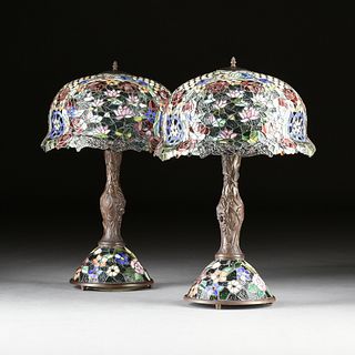 A PAIR OF ART NOUVEAU STYLE STAINED GLASS AND PATINATED METAL LAMPS, MODERN,