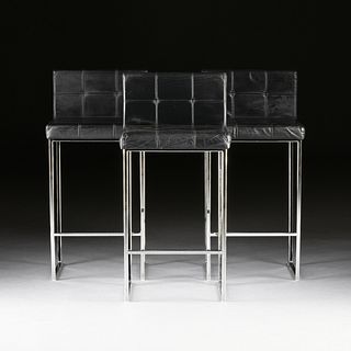 SET OF THREE CONTEMPORARY CATTELAN BLACK LEATHER AND CHROME BAR STOOLS, ITALIAN,