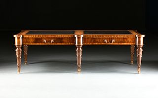 A MAITLAND-SMITH GLASS INSET AND LEATHER TRIMMED MAHOGANY COFFEE VITRINE TABLE, RETAILED BY LOUIS