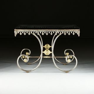 A FRENCH GOTHIC REVIVAL POLISHED BRASS AND WROUGHT IRON BAKER'S TABLE, LATE 19TH CENTURY,
