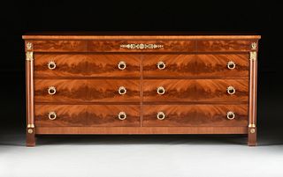 A KINDEL NEOCLASSIC COLLECTON GILT BRASS MOUNTED FLAME MAHOGANY DOUBLE DRESSER, MODERN,