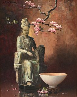 A.D. GREER (American/Texas 1904-1998) A PAINTING, "Still Life with Chinese Statue, Cup, and Plum