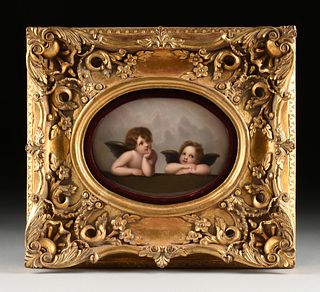 A KPM HAND PAINTED "RAPHAEL'S CHERUBS" PORCELAIN PLAQUE, BERLIN, MARKED, LATE 19TH/EARLY 20TH