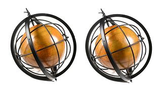 A PAIR OF MODERN ARMILLARY SPHERE STYLE AND TERRESTRIAL GLOBE PENDANT LIGHTS,