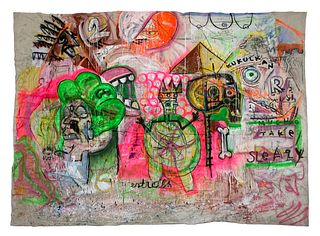 manner of JEAN MICHEL BASQUIAT (American 1960-1988) A GRAFFITI PAINTING, SUMMER STREET STUDIOS, HOUSTON, 2012