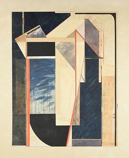 CZECH SCHOOL, A COLLAGE PAINTING, "Constructivism in Blue," 1960-1980,