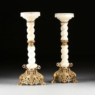 PAIR OF UNUSUAL ROMANESQUE REVIVAL BRONZE MOUNTED MARBLE SOLOMONIC PEDESTALS, FRENCH,