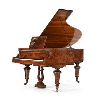 AN ANTIQUE GERMAN BURL WALNUT GRAND PIANO, BY ERNST KAPS, No. 4744, DRESDEN, 1877-1879,