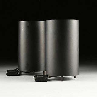 A PAIR OF MID CENTURY BLACK CANISTER FLOOR LAMPS, PHILIP JOHNSON AND RICHARD KELLY, BY KLIEGL BROS,