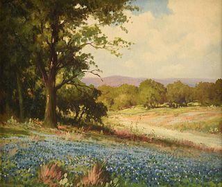 ROBERT WILLIAM WOOD (American 1889-1979) A PAINTING, "Texas Bluebonnets by a Thicket in Hill Country